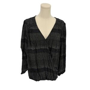 KNOX ROSE Women's Black White Textured V Neck Wrap Style Blouse Size L